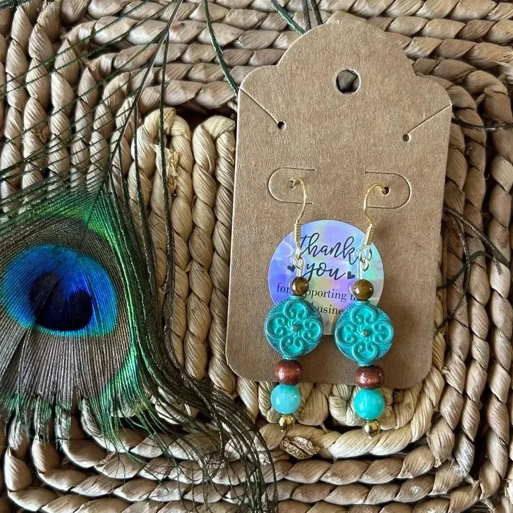 Handmade teal quartzite + tigers eye drop earrings
